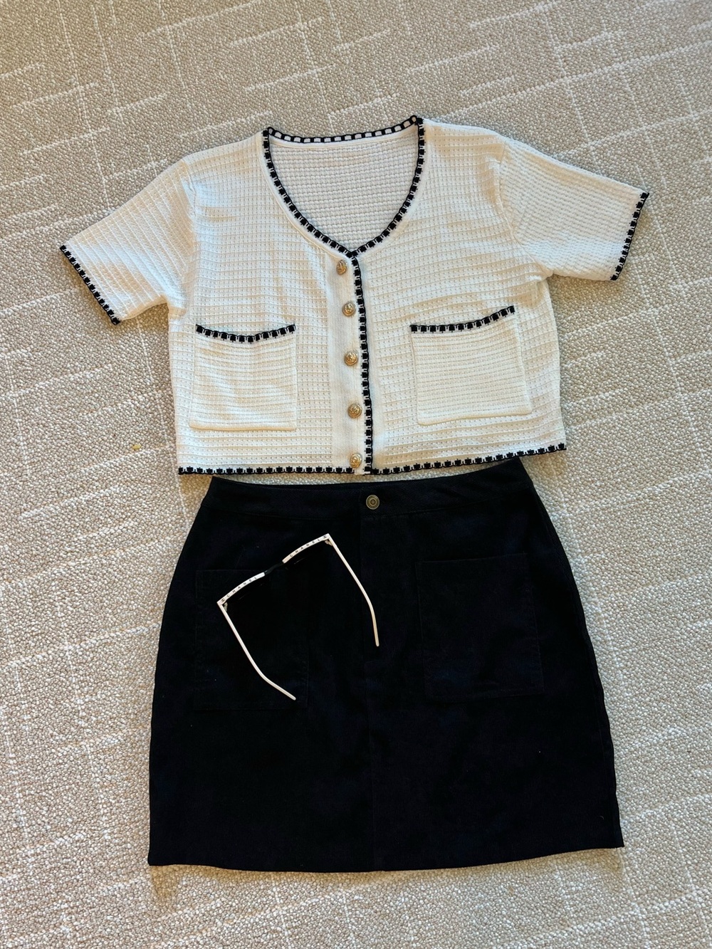 Top+Skirt Set Cropped White Knit Cardigan with Black Trim & Black Mini Skirt